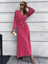 Pleated Full Sleeve V-neck High Waist Sashes Dress